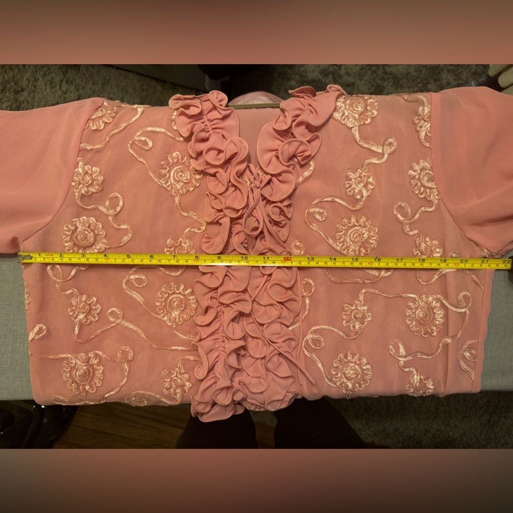 Vintage Pink Embroidered Ruffle Blouse Sheer Floral Tunic Top Boho Romantic - Picture 8 of 9